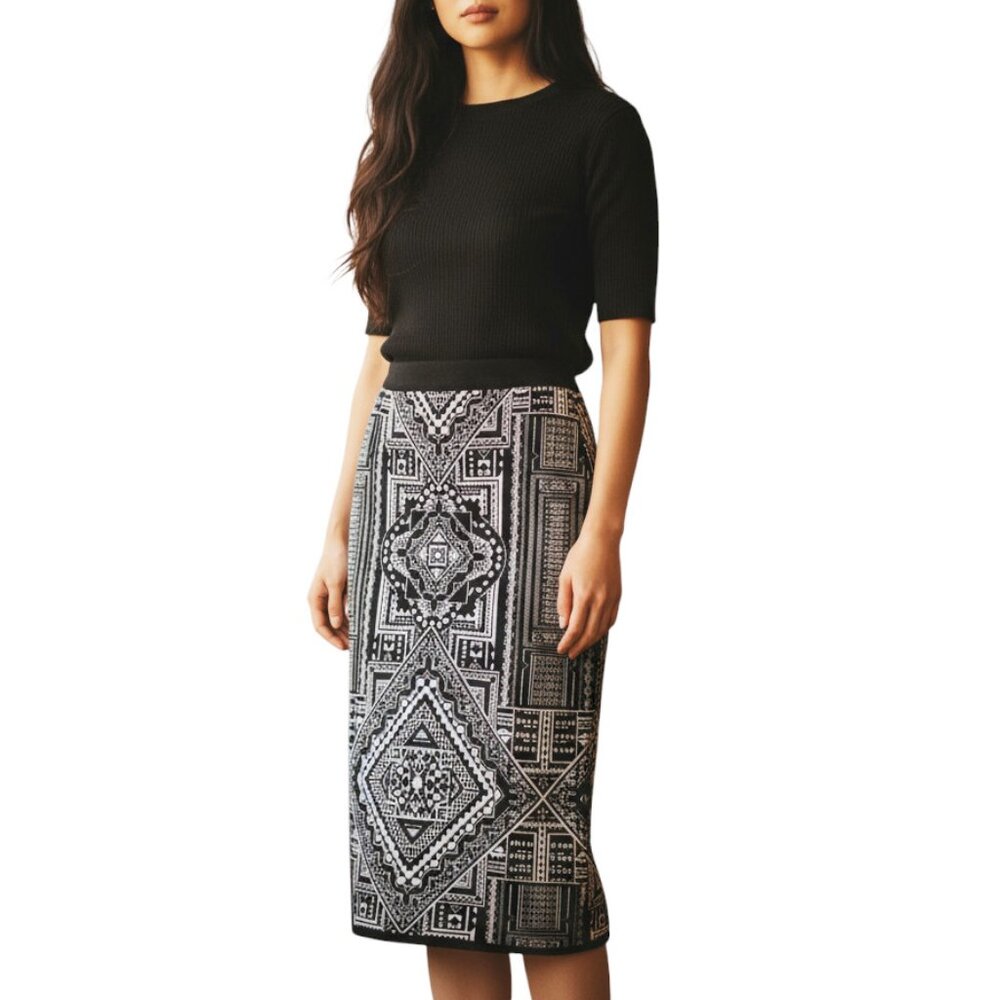 Premise Geometric Pattern Knit Pencil Skirt